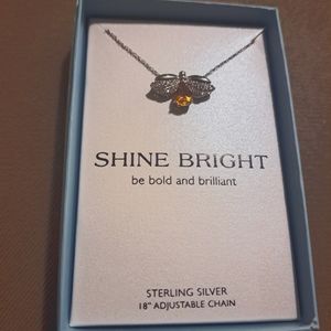 18-inch Citrine Bee Pendant Sterling Silver Necklace with White Sapphire